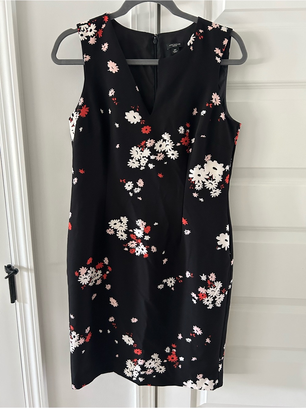 Ann Taylor Black Floral Midi Dress with Red and White Blooms